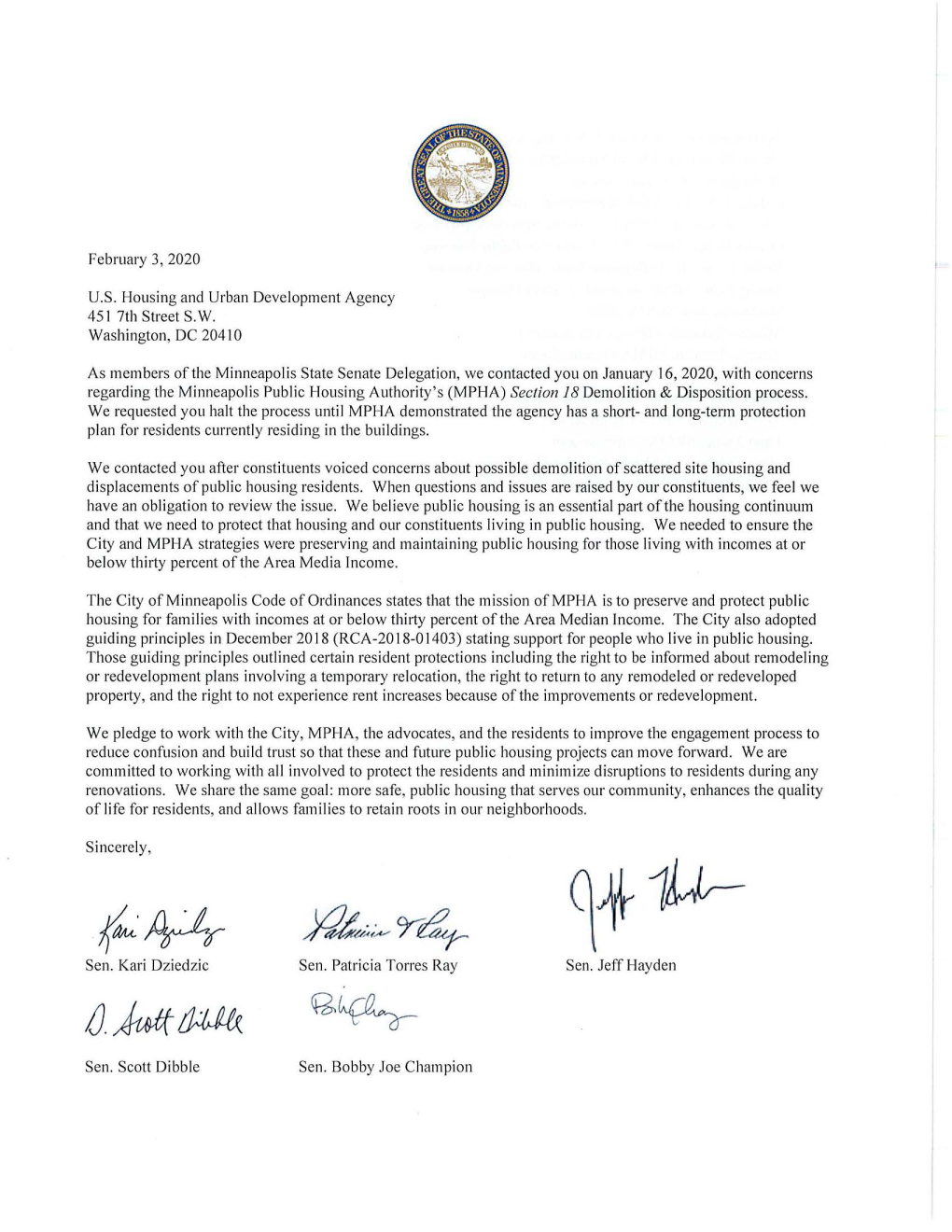Mpls State Senate Delegation Letter To