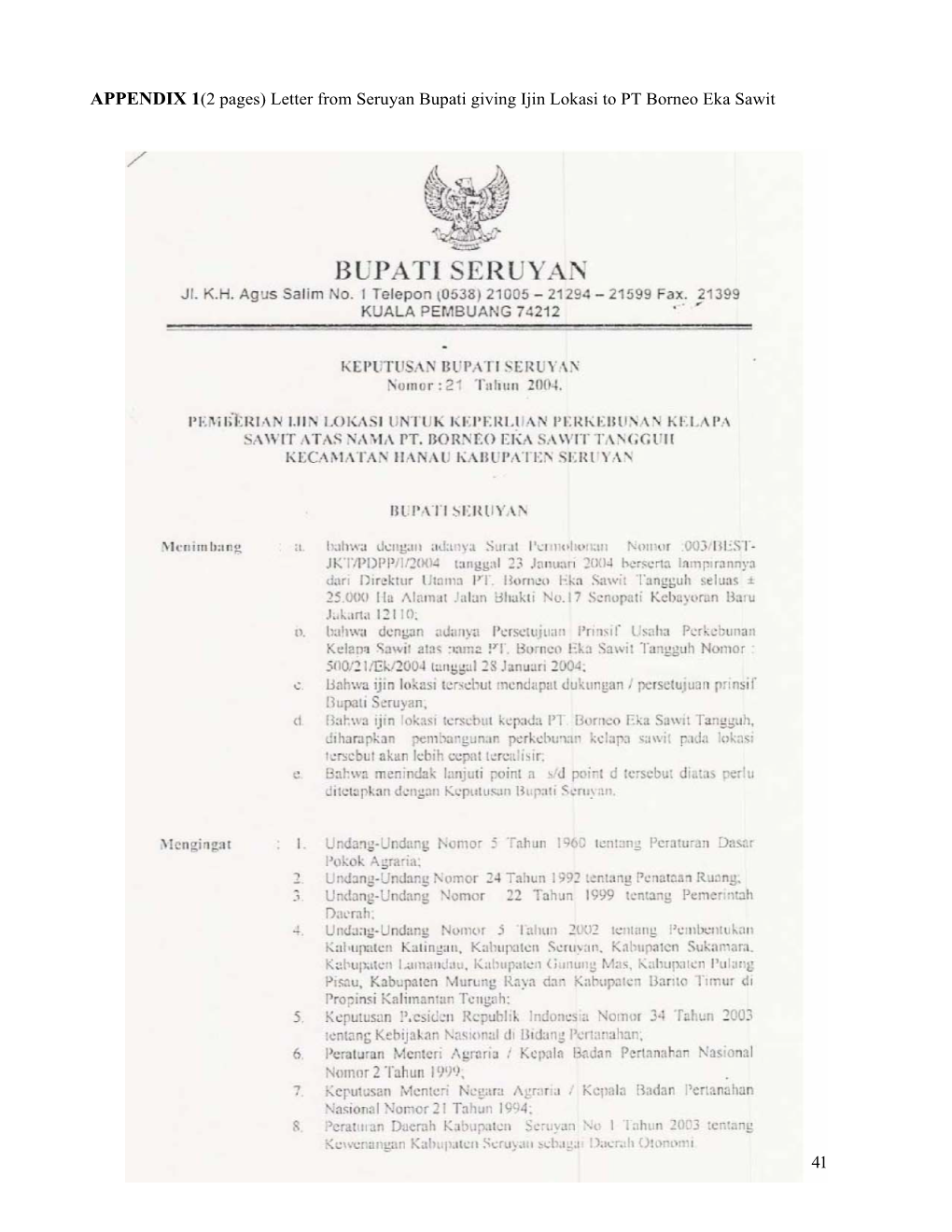 Letter from Seruyan Bupati Giving Ijin Lokasi to PT Borneo Eka Sawit