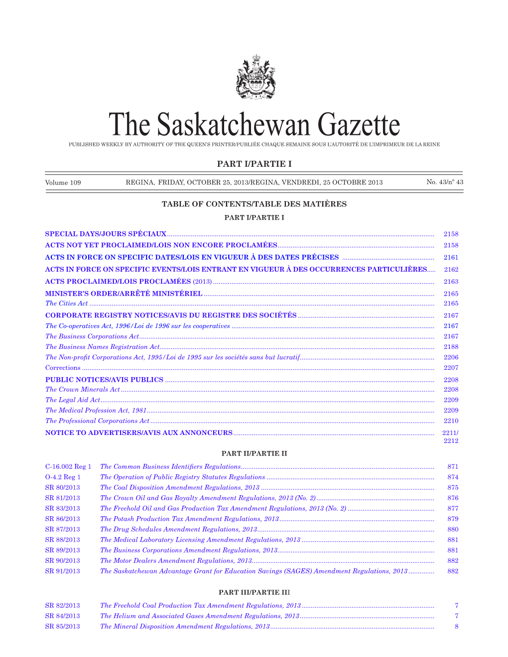 The Saskatchewan Gazette, October 25, 2013 2157