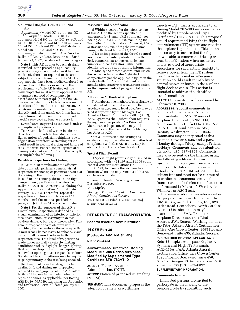 Federal Register/Vol. 68, No. 2/Friday, January 3, 2003/Proposed