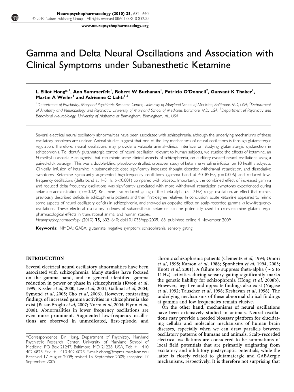 Gamma and Delta Neural Oscillations and Association with Clinical Symptoms Under Subanesthetic Ketamine