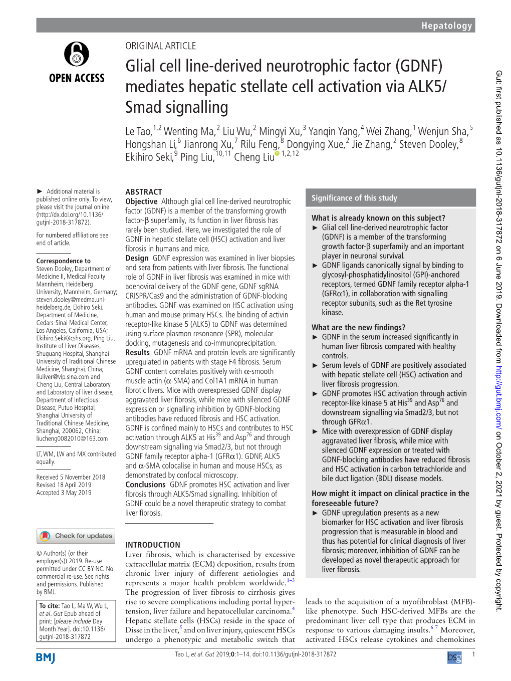 Glial Cell Line-Derived Neurotrophic Factor (GDNF) Gut: First Published As 10.1136/Gutjnl-2018-317872 on 6 June 2019