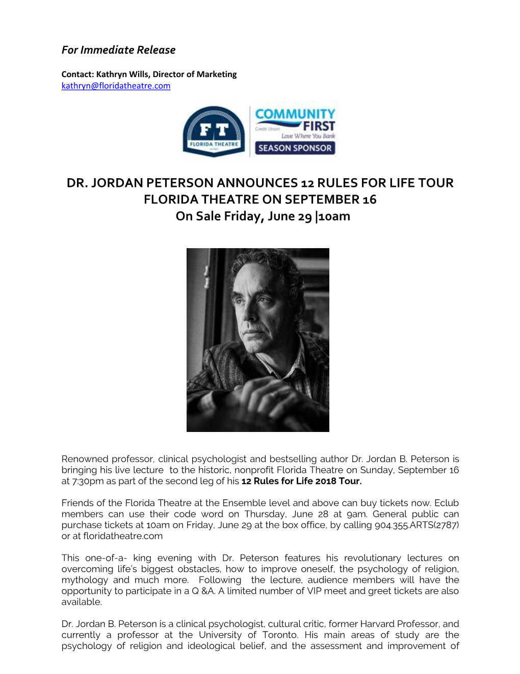 DR. JORDAN PETERSON ANNOUNCES 12 RULES for LIFE TOUR FLORIDA THEATRE on SEPTEMBER 16 on Sale Friday, June 29 |10Am