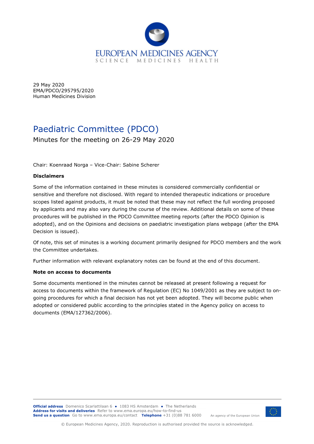 Paediatric Committee (PDCO) Minutes for the Meeting on 26-29 May 2020