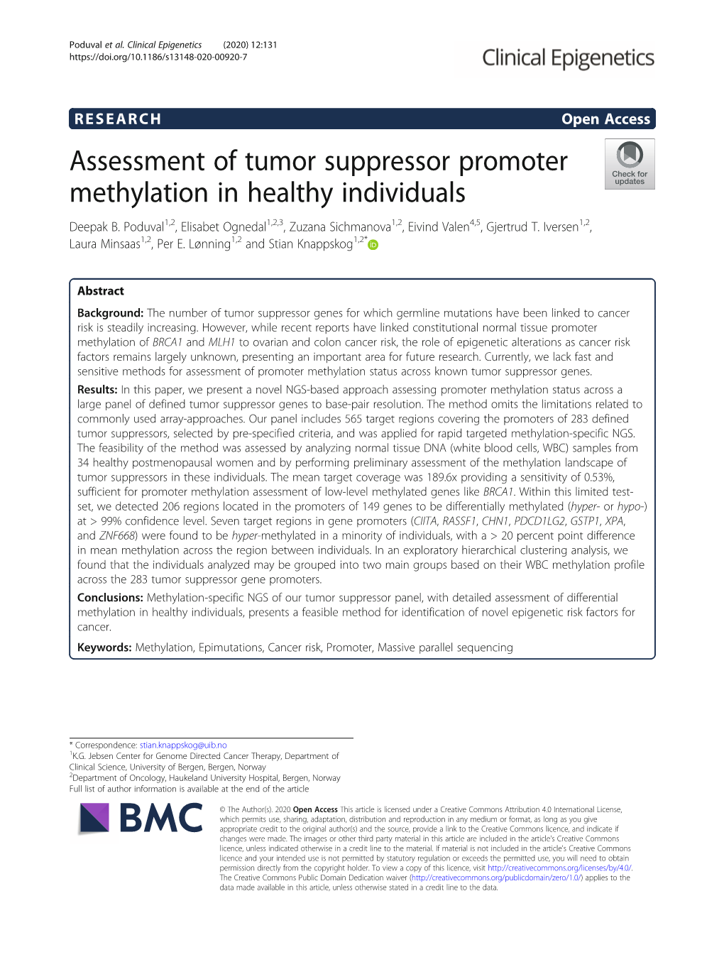 Assessment of Tumor Suppressor Promoter Methylation in Healthy Individuals Deepak B