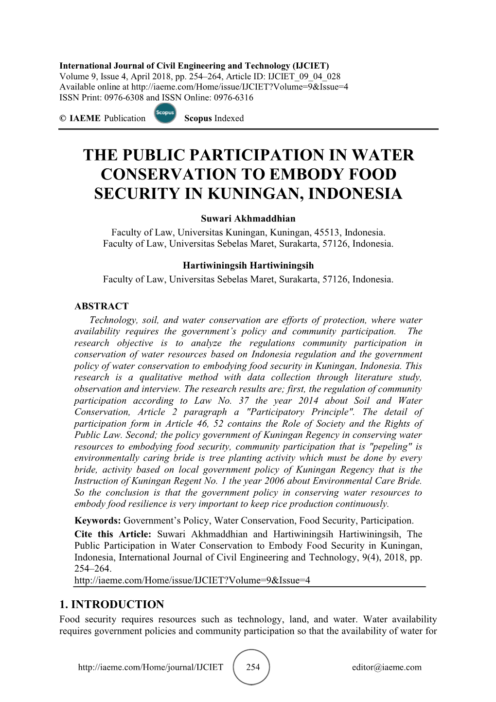 The Public Participation in Water Conservation to Embody Food Security in Kuningan, Indonesia