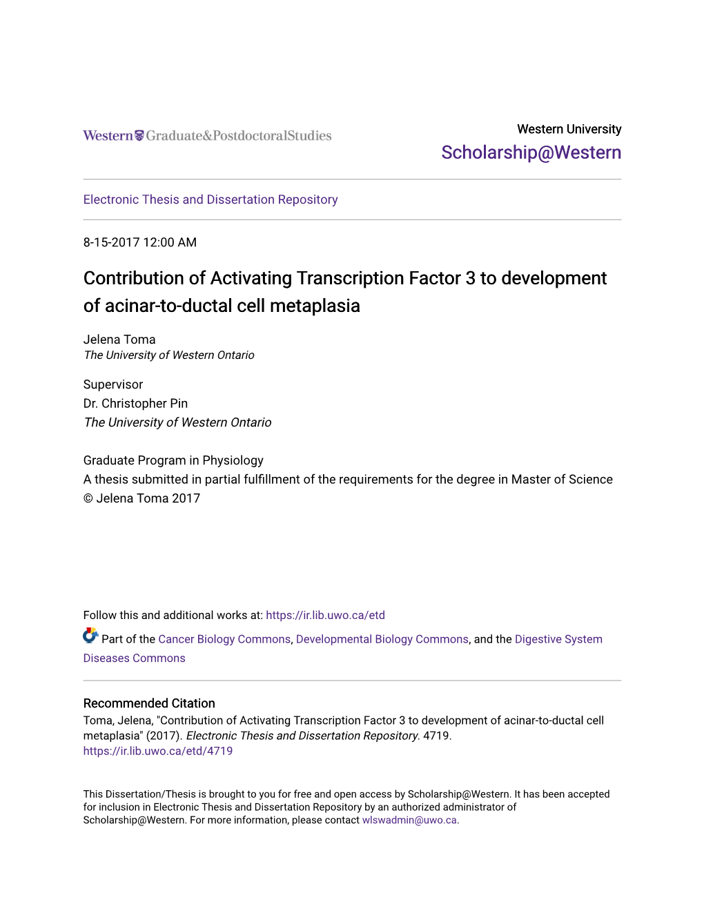 Contribution of Activating Transcription Factor 3 to Development of Acinar-To-Ductal Cell Metaplasia