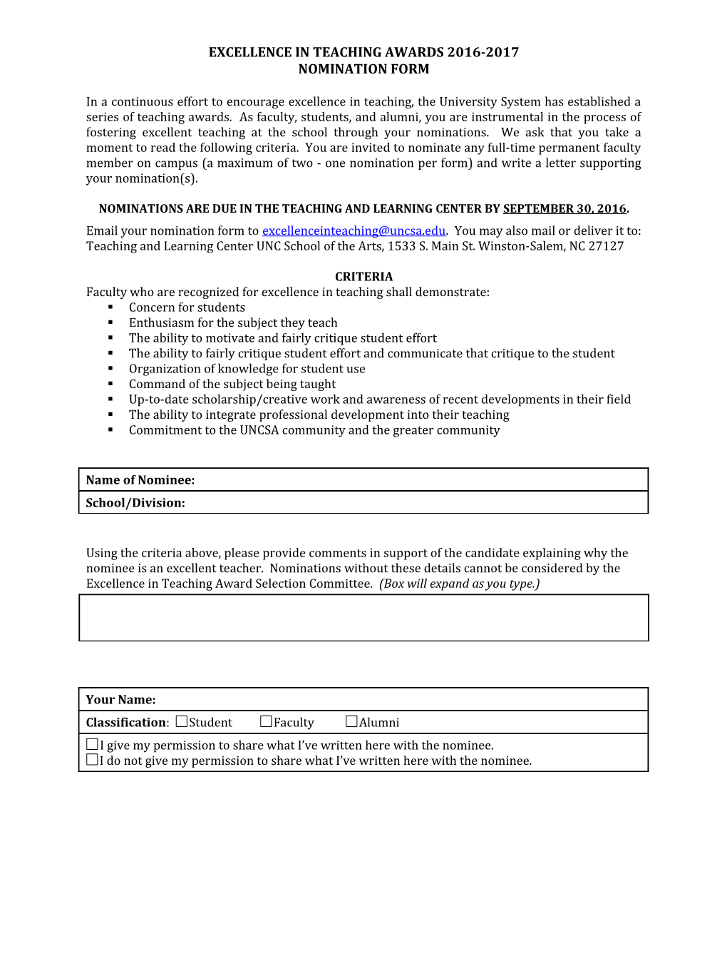 Excellence in Teaching Awards Nomination Form