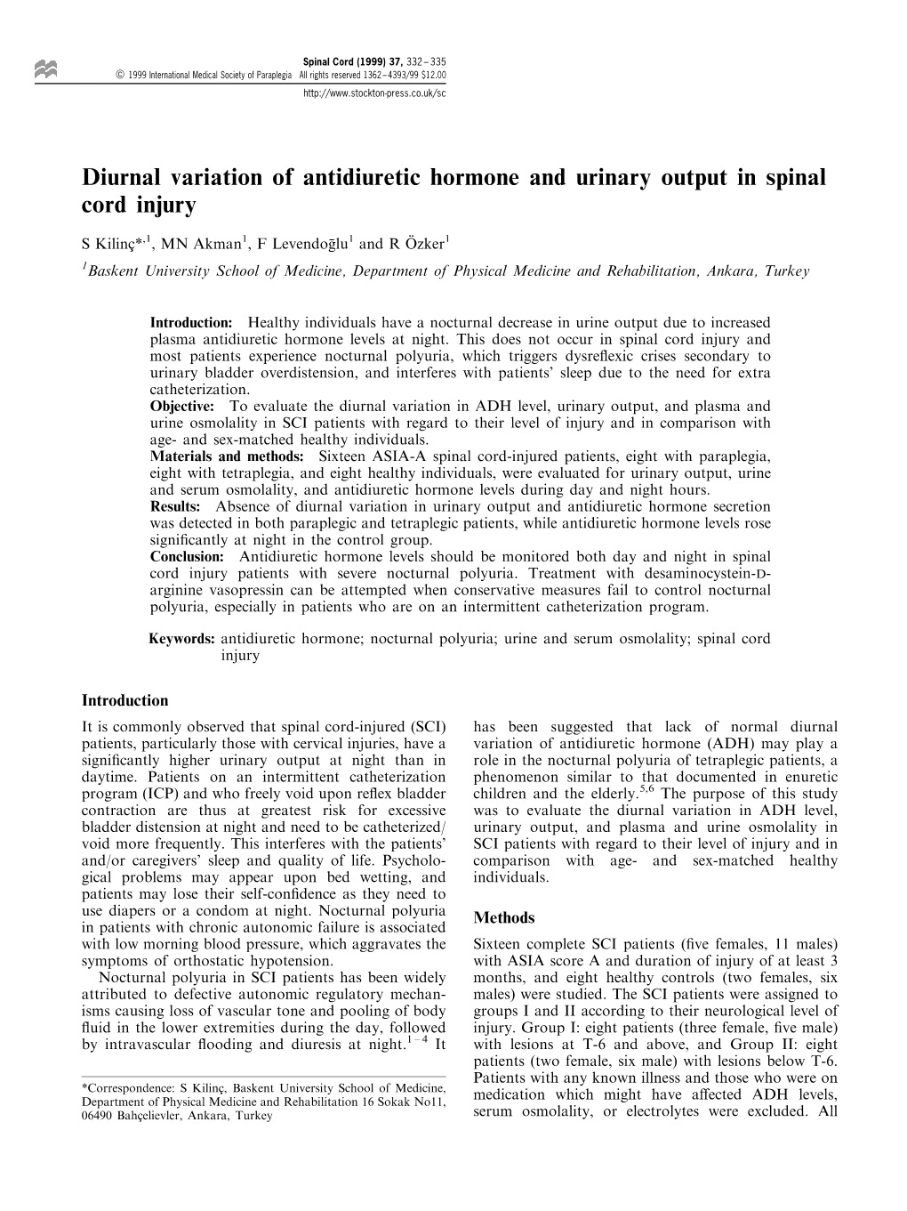 Diurnal Variation of Antidiuretic Hormone and Urinary Output in Spinal Cord Injury