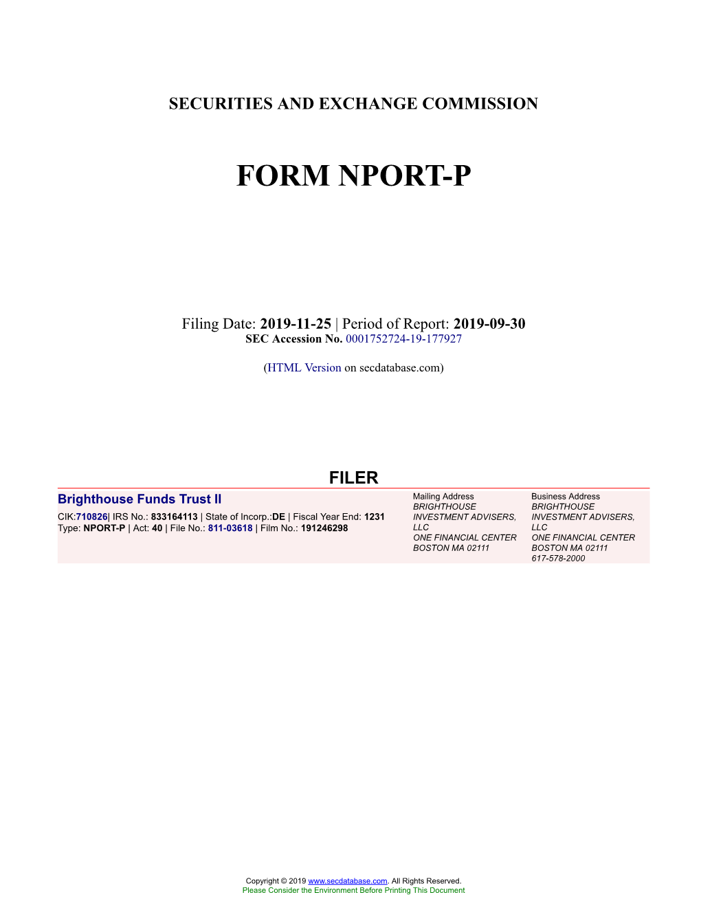 Brighthouse Funds Trust II Form NPORT-P Filed 2019-11-25