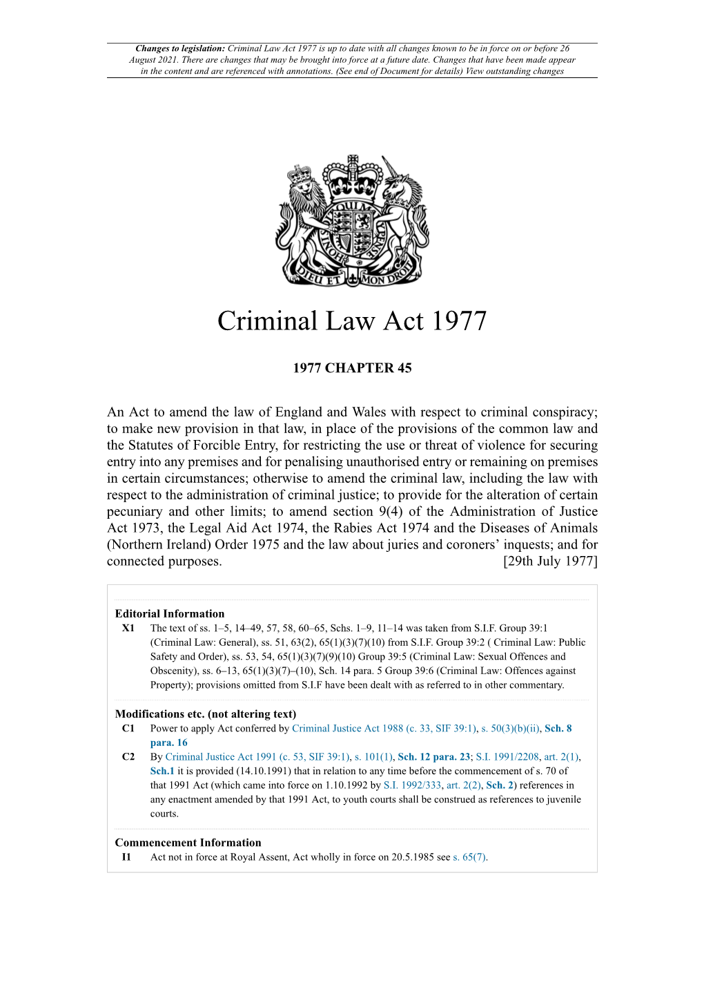 Criminal Law Act 1977 Is up to Date with All Changes Known to Be in Force on Or Before 26 August 2021