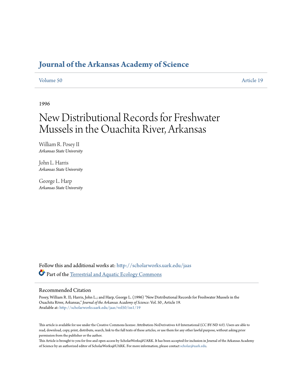 New Distributional Records for Freshwater Mussels in the Ouachita River, Arkansas William R