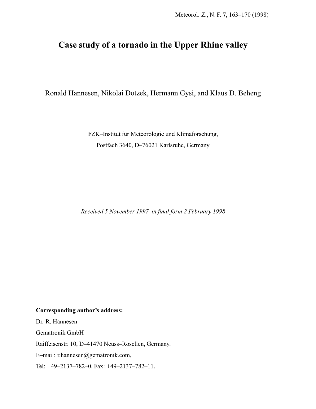 Case Study of a Tornado in the Upper Rhine Valley