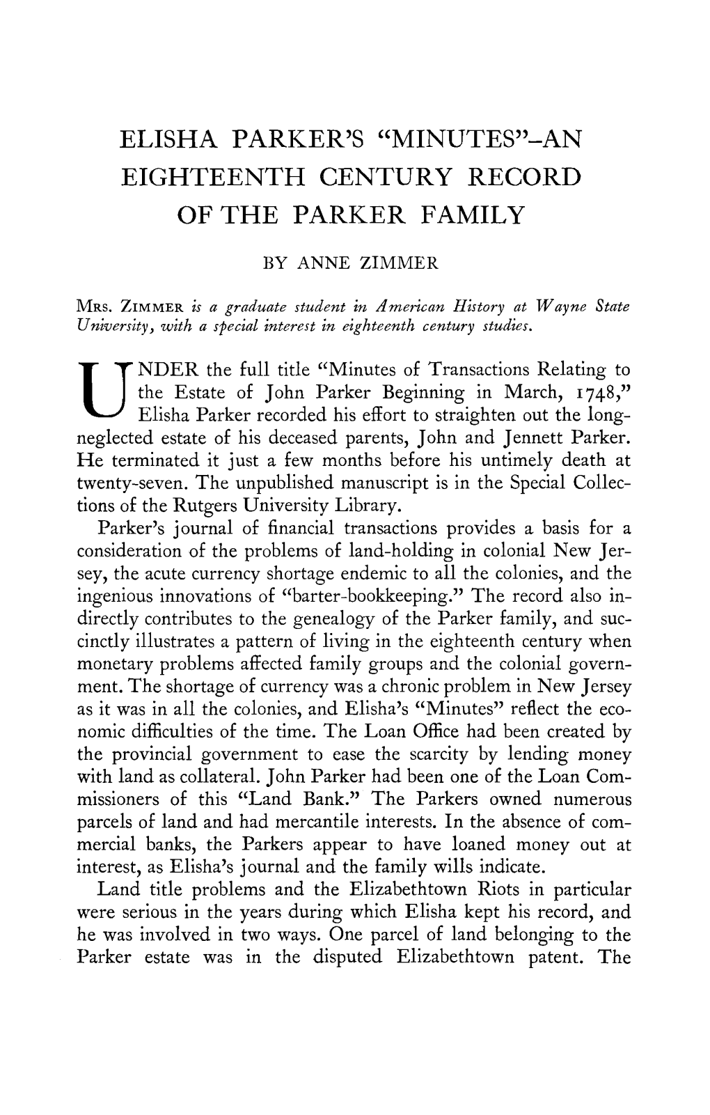 Elisha Parker's "Minutes"-An Eighteenth Century Record of the Parker Family