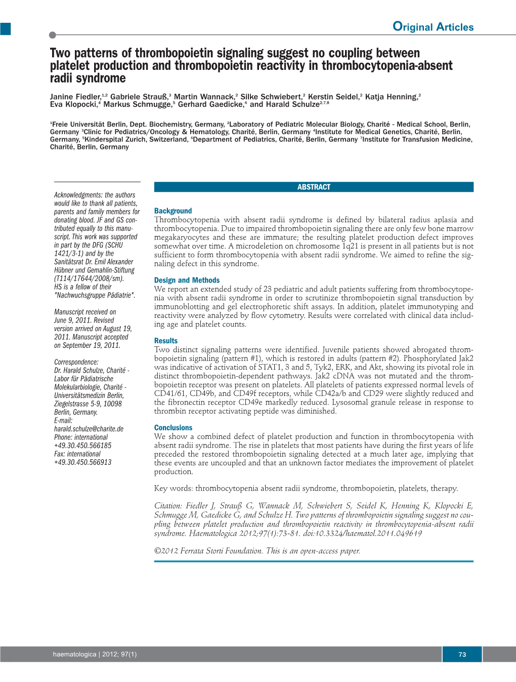 Two Patterns of Thrombopoietin Signaling Suggest No Coupling Between Platelet Production and Thrombopoietin Reactivity in Thrombocytopenia-Absent Radii Syndrome