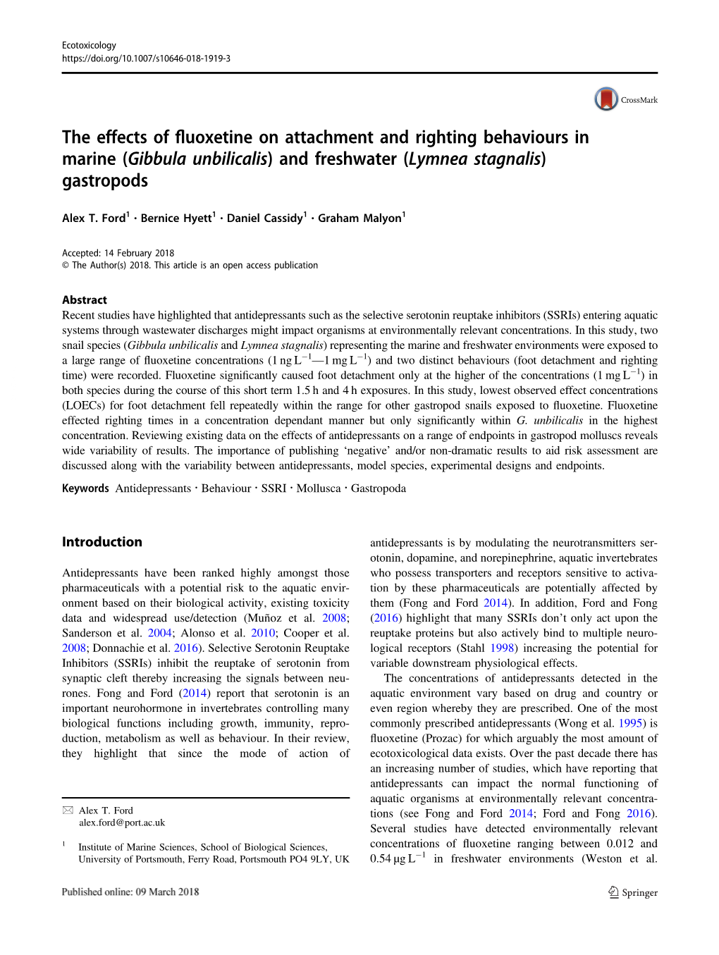 The Effects of Fluoxetine on Attachment and Righting Behaviours in Marine