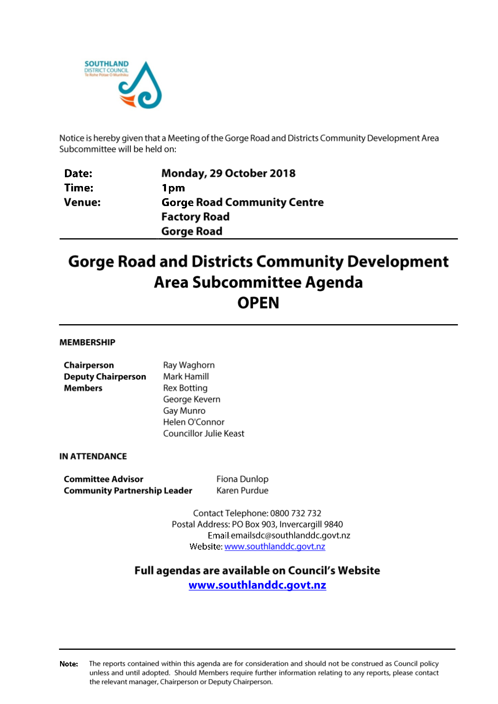 Agenda of Gorge Road and Districts Community Development Area
