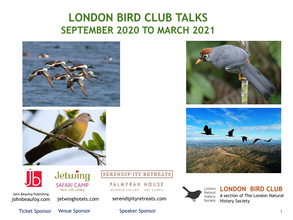 London Bird Club Talks September 2020 to March 2021