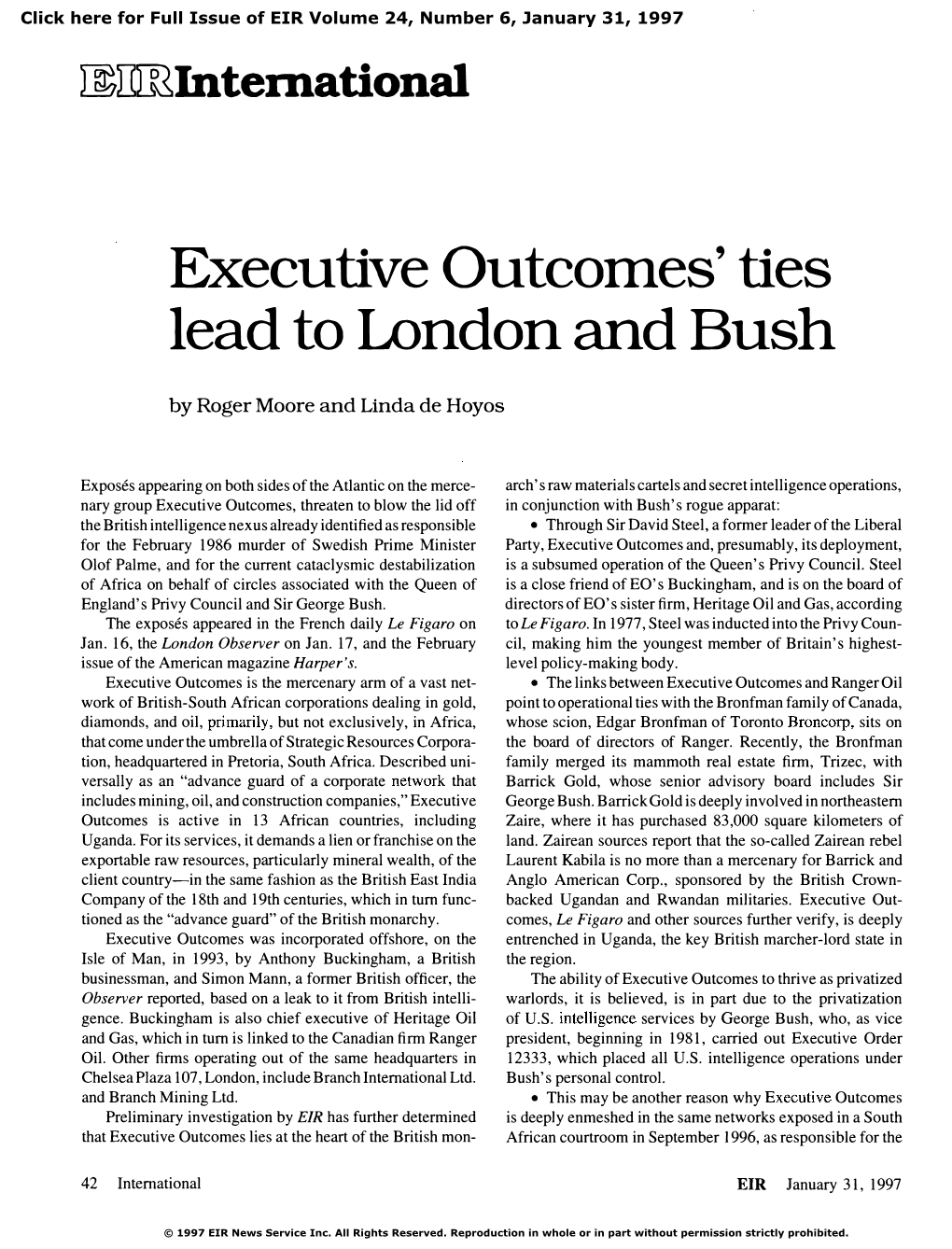 Executive Outcomes' Ties Lead to London and Bush