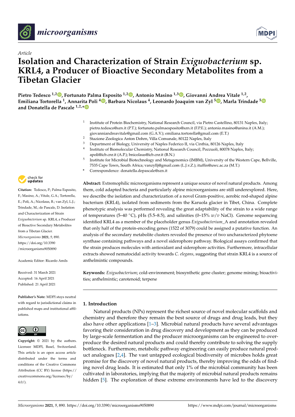 Isolation and Characterization of Strain Exiguobacterium Sp. KRL4, a Producer of Bioactive Secondary Metabolites from a Tibetan Glacier