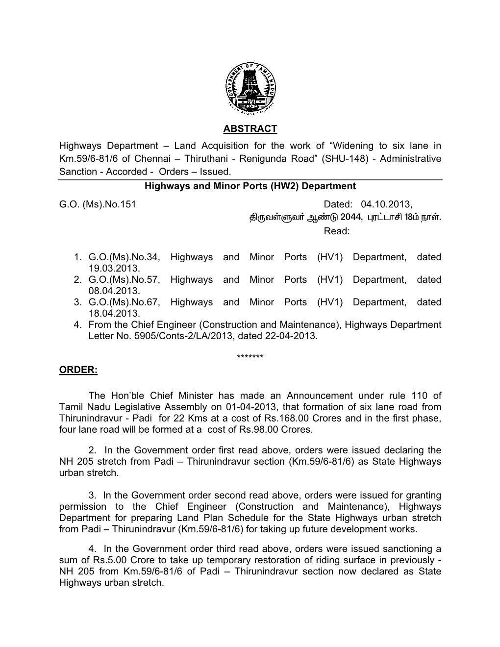 ABSTRACT Highways Department – Land Acquisition for the Work of “Widening to Six Lane in Km.59/6-81/6 of Chennai – Thiruth