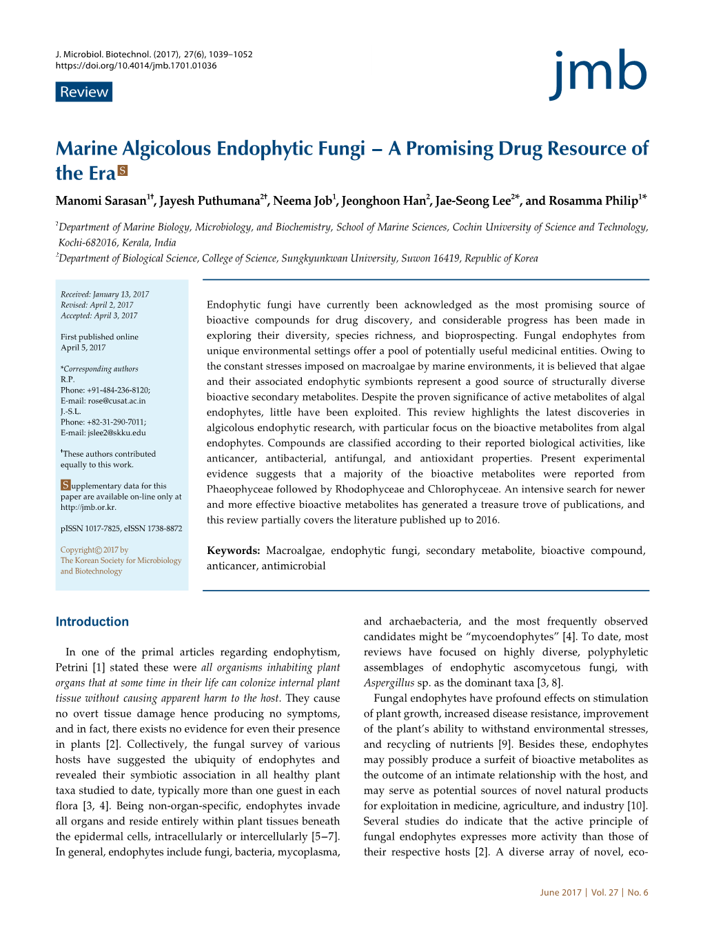 Marine Algicolous Endophytic Fungi