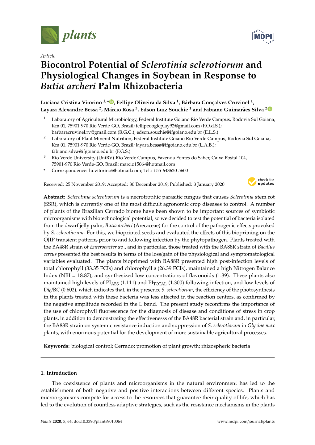 Biocontrol Potential of Sclerotinia Sclerotiorum and Physiological Changes in Soybean in Response to Butia Archeri Palm Rhizobacteria