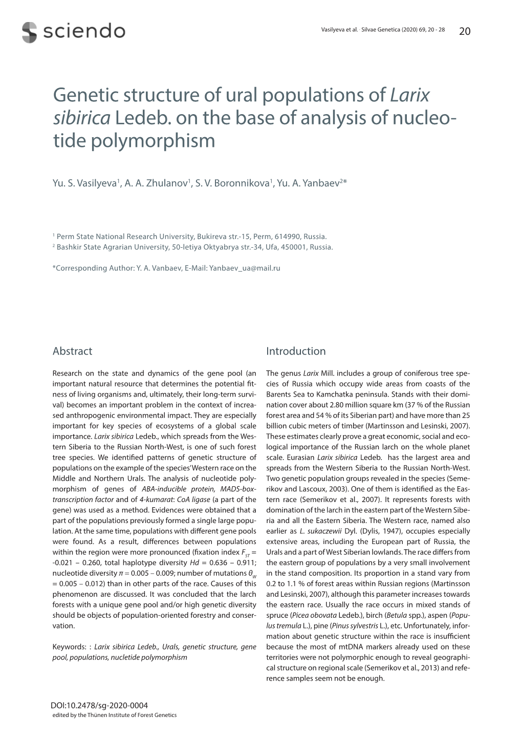 Genetic Structure of Ural Populations of Larix Sibirica Ledeb. on the Base of Analysis of Nucleo- Tide Polymorphism