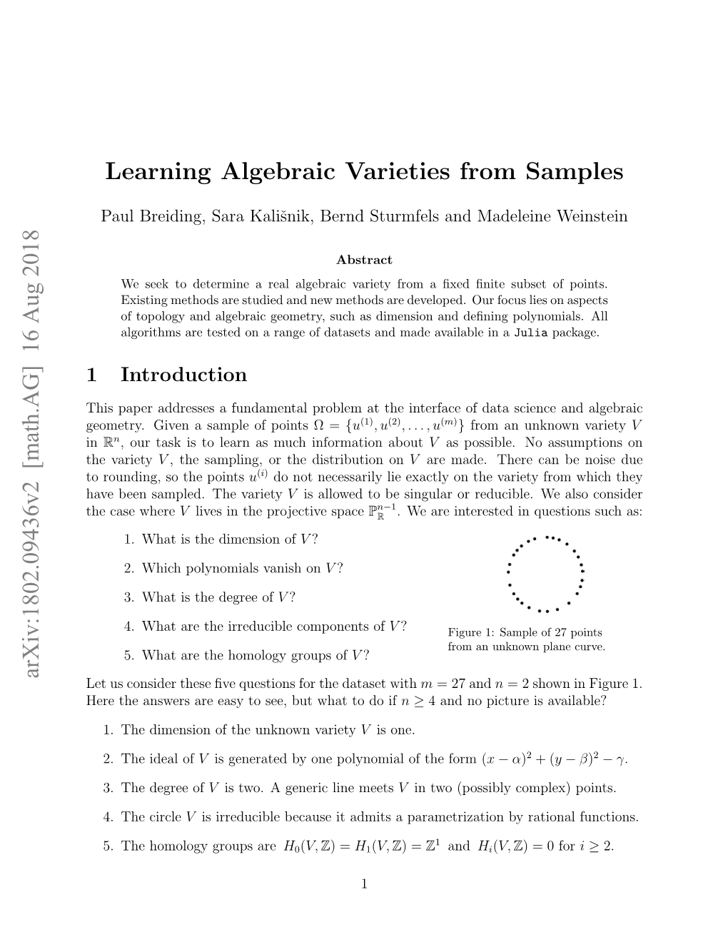 Learning Algebraic Varieties from Samples Arxiv:1802.09436V2 [Math