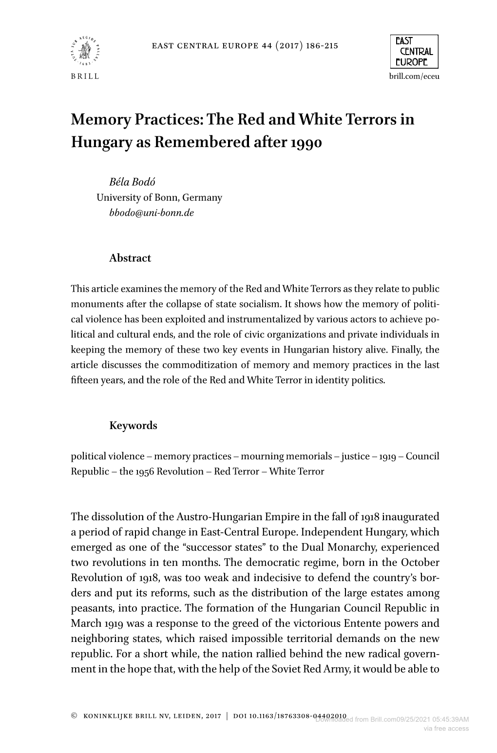 Memory Practices: the Red and White Terrors in Hungary As Remembered After 1990