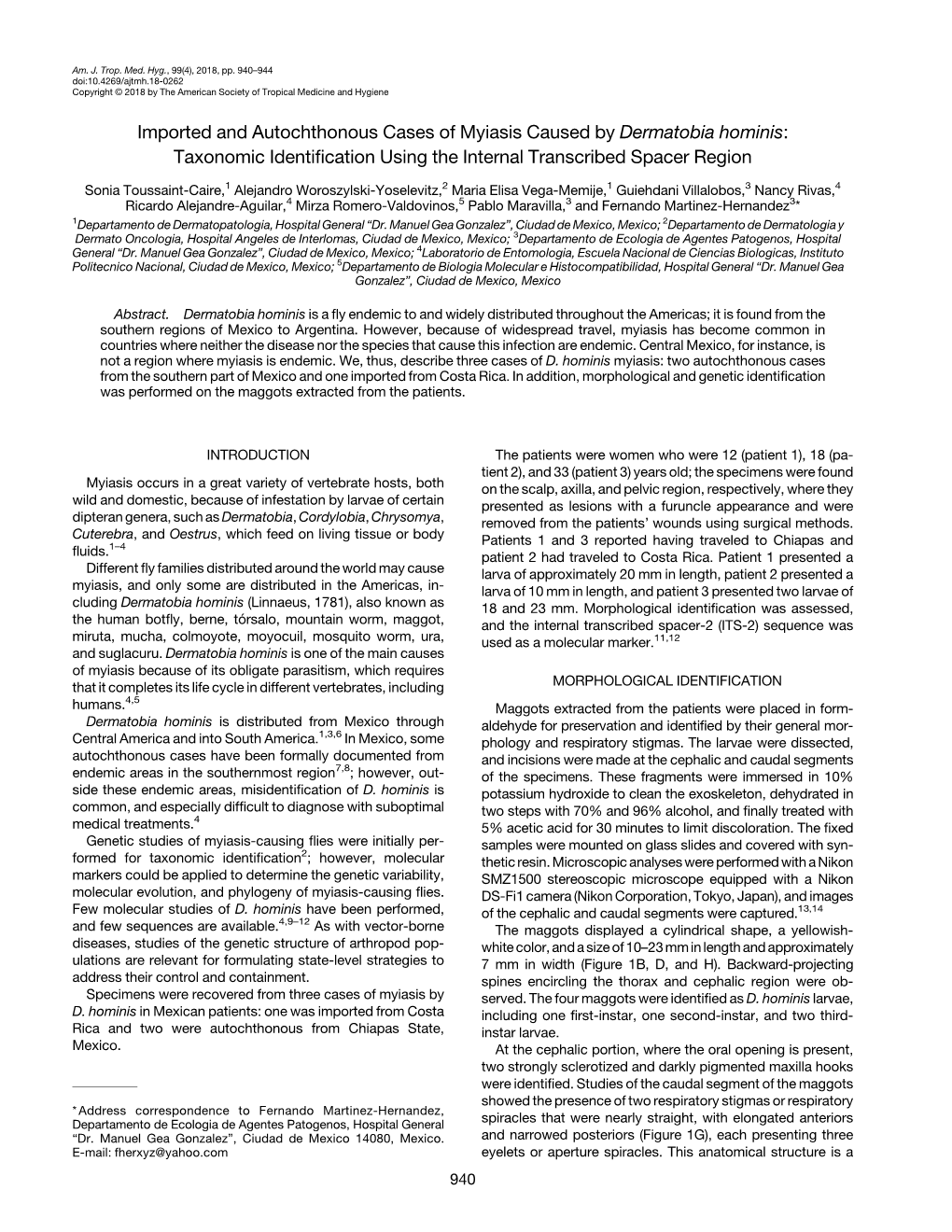 Imported and Autochthonous Cases of Myiasis Caused by Dermatobia Hominis: Taxonomic Identiﬁcation Using the Internal Transcribed Spacer Region