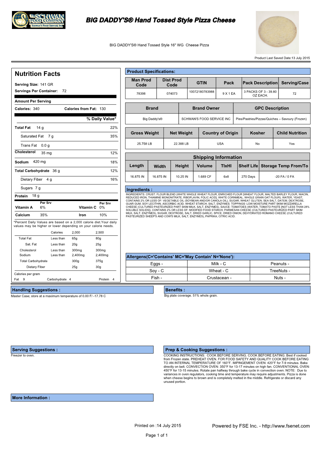 BIG DADDY's® Hand Tossed Style Pizza Cheese Nutrition Facts