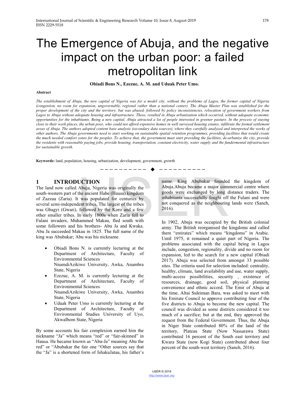 The Emergence of Abuja, and the Negative Impact on the Urban Poor: a Failed Metropolitan Link Obiadi Bons N., Ezezue, A