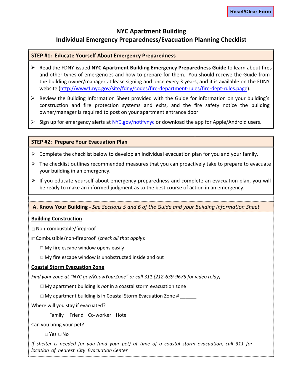 NYC Apartment Building Individual Emergency Preparedness/Evacuation Planning Checklist