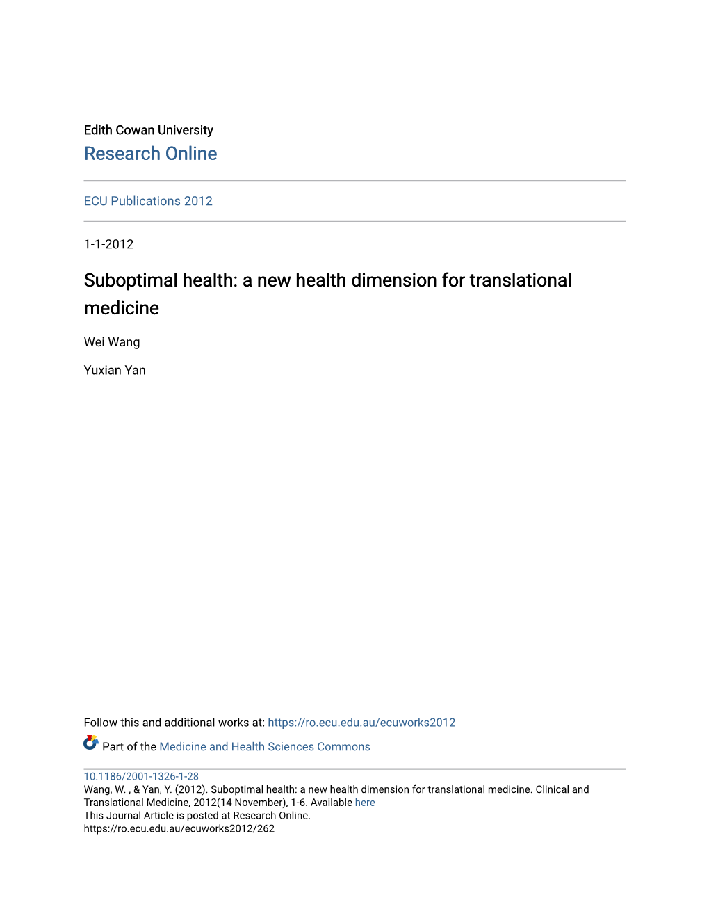 Suboptimal Health: a New Health Dimension for Translational Medicine