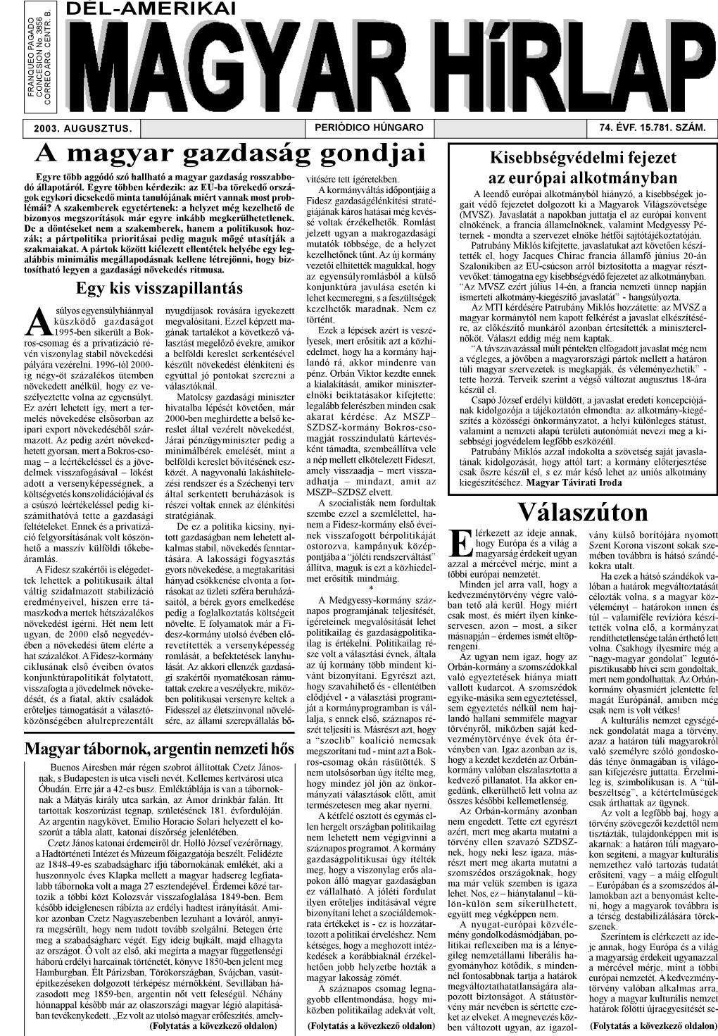 Délamerikai Magyar Hírlap 2003. Augusztus 74. Évfolyam 8. Szám