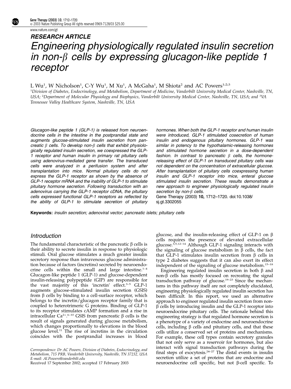 Engineering Physiologically Regulated Insulin Secretion in Non-Β Cells by Expressing Glucagon-Like Peptide 1 Receptor