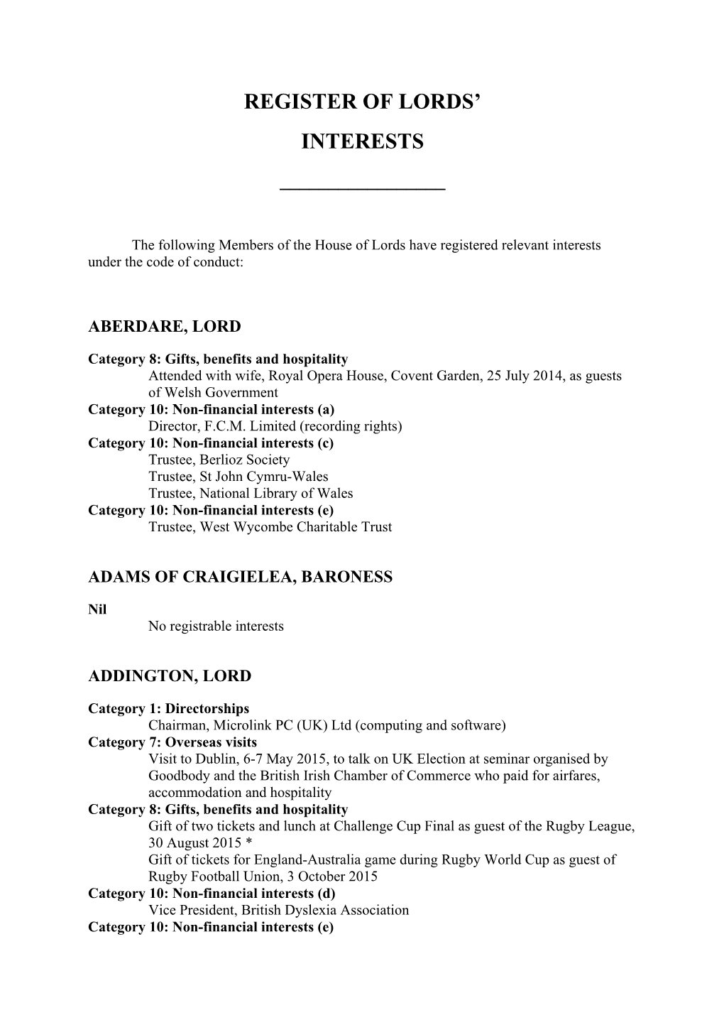 Register of Lords' Interests