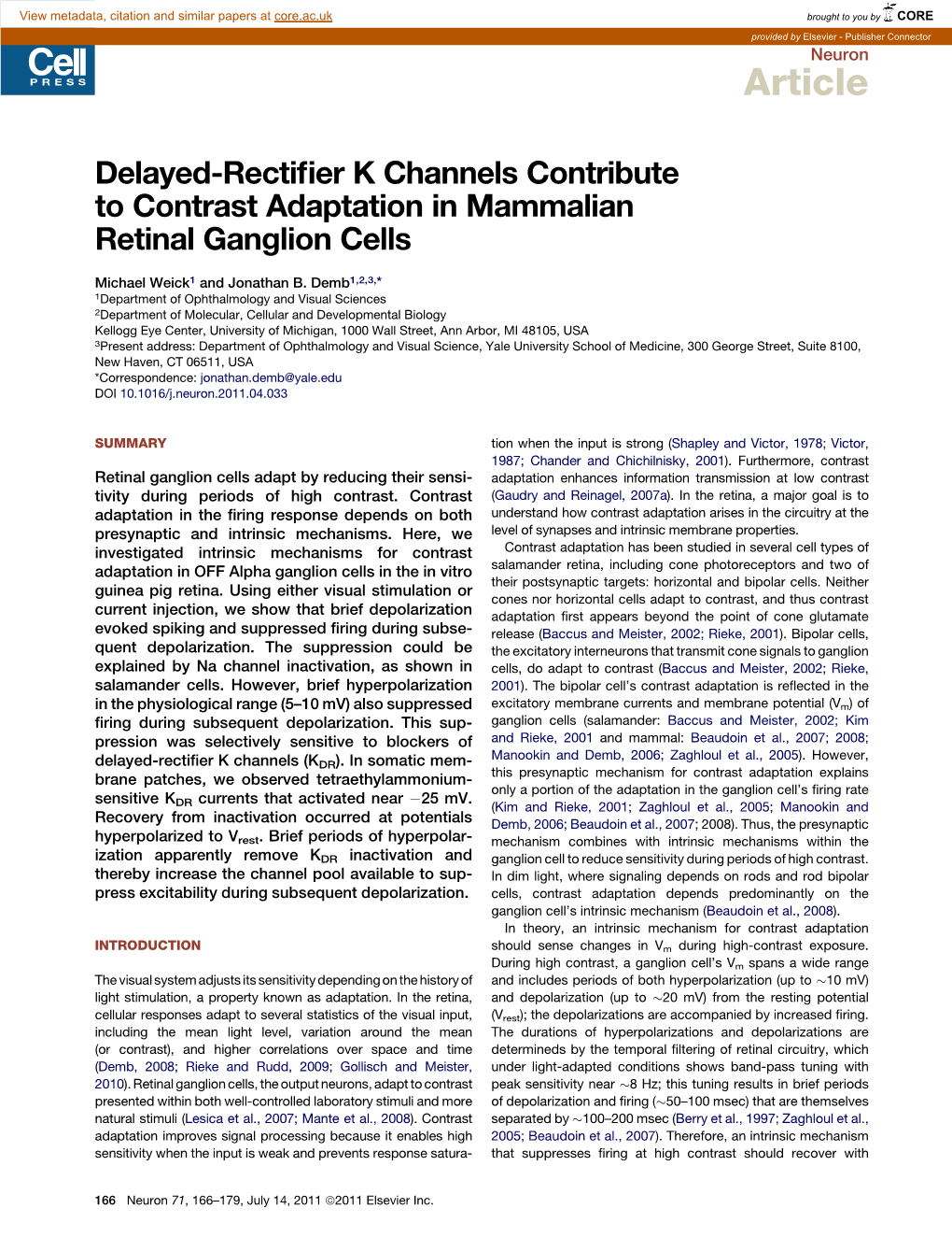 Delayed-Rectifier K Channels Contribute to Contrast Adaptation in Mammalian Retinal Ganglion Cells