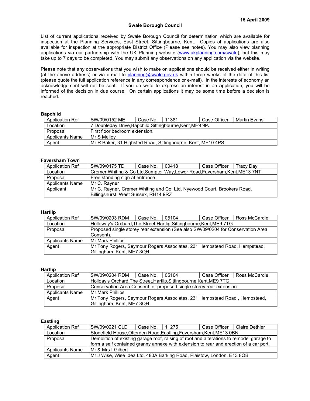 15 April 2009 Swale Borough Council List of Current Applications Received by Swale Borough Council for Determination Which Are A
