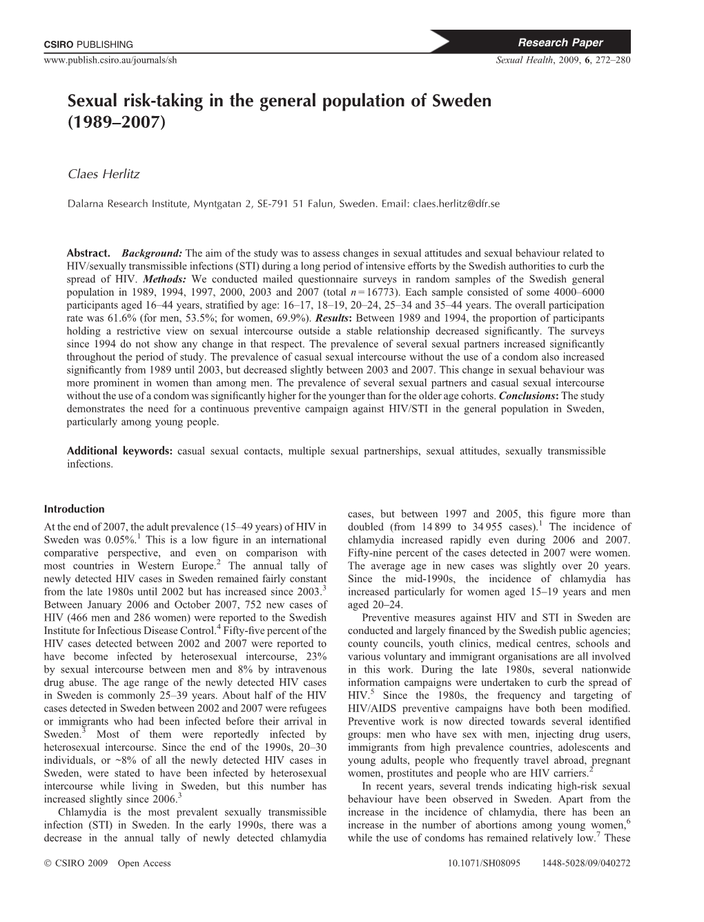 Sexual Risk-Taking in the General Population of Sweden (1989–2007)