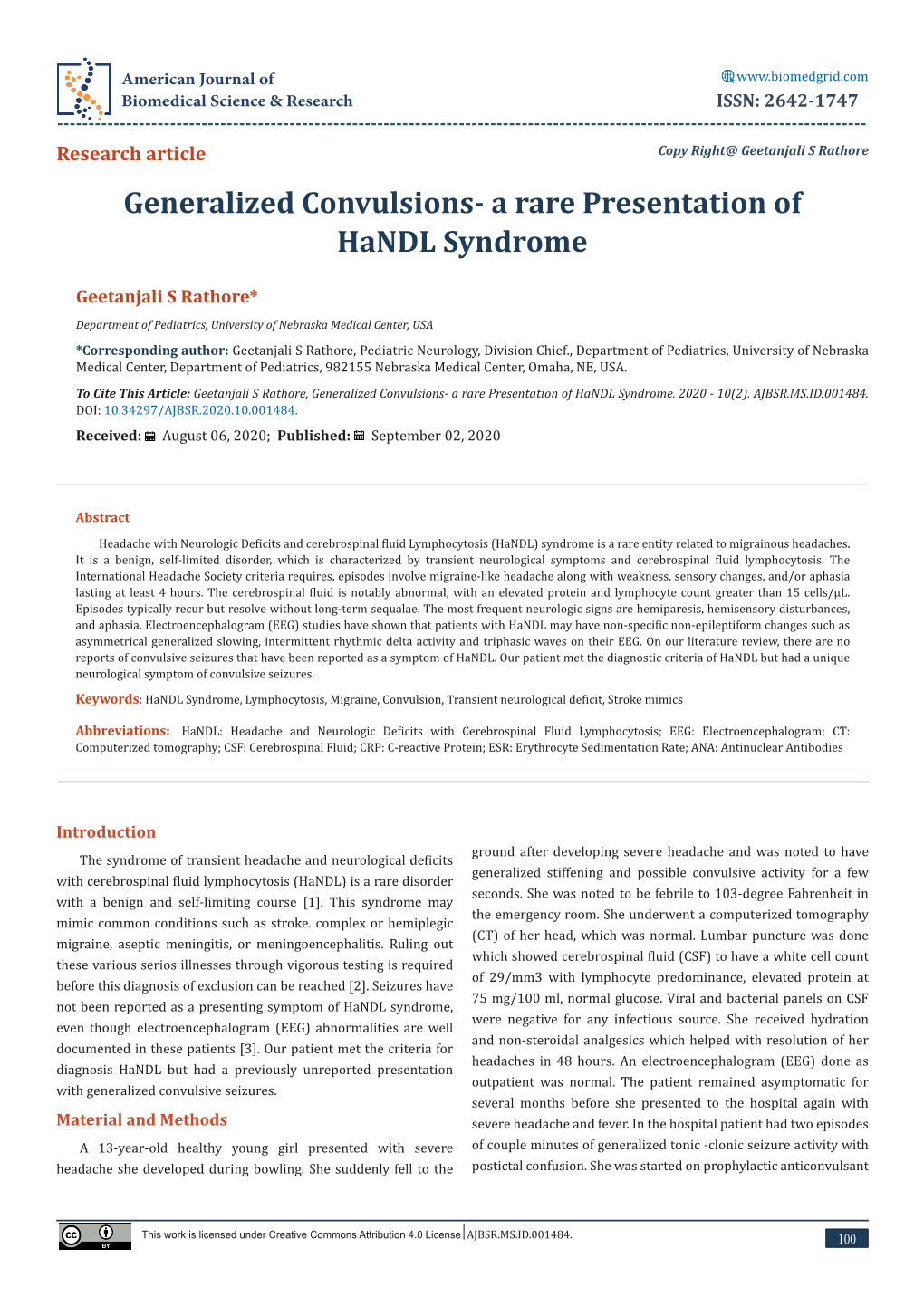 Generalized Convulsions- a Rare Presentation of Handl Syndrome