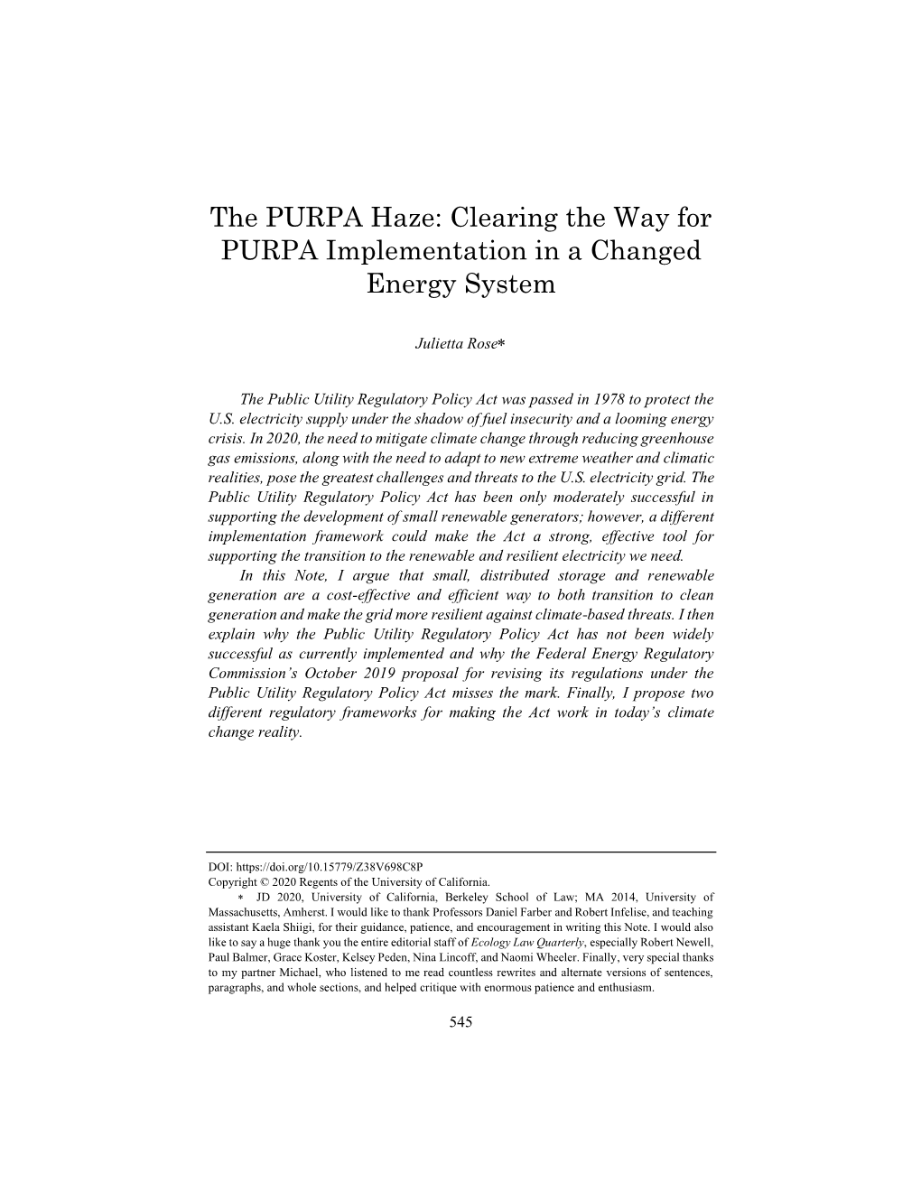 The PURPA Haze: Clearing the Way for PURPA Implementation in a Changed Energy System