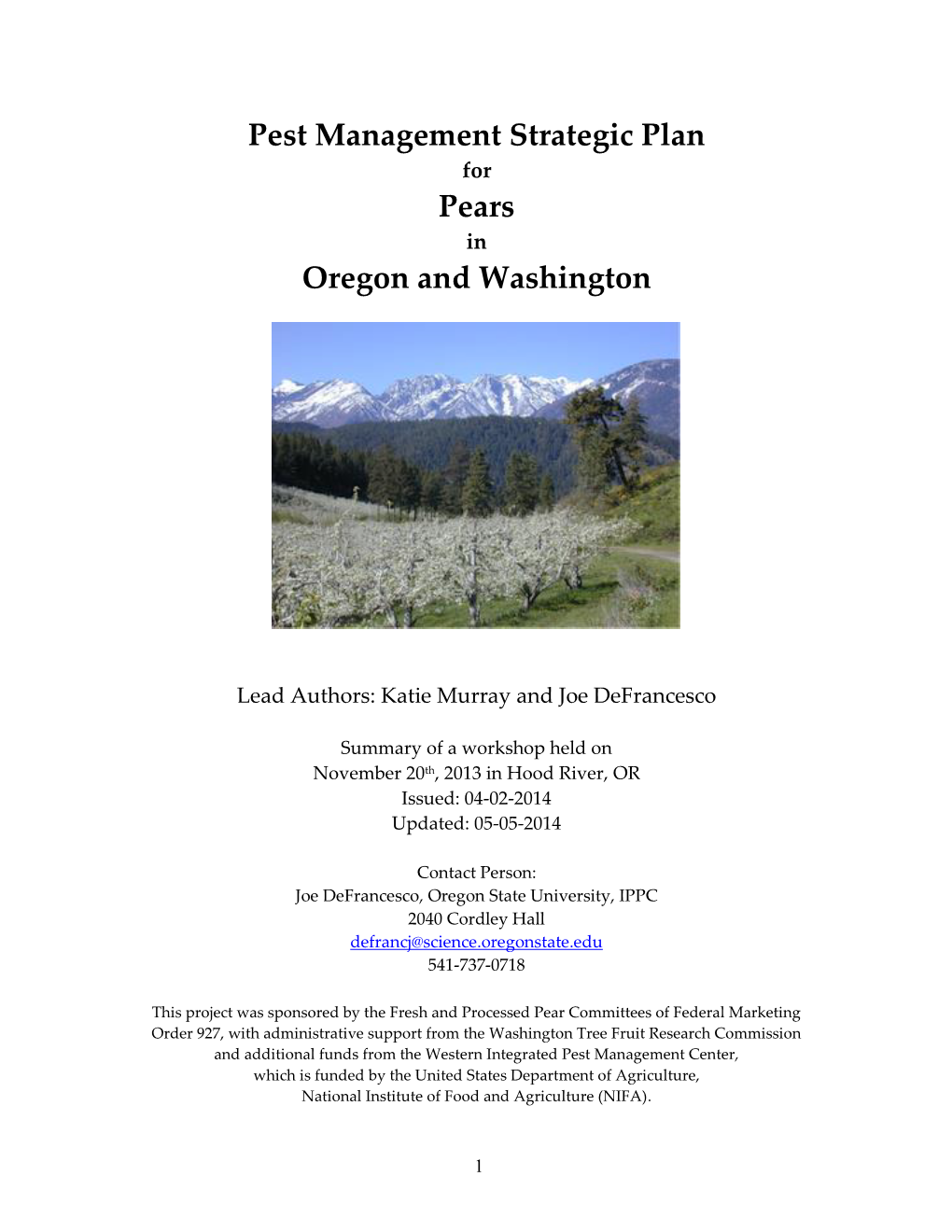 Pest Management Strategic Plan Pears Oregon and Washington