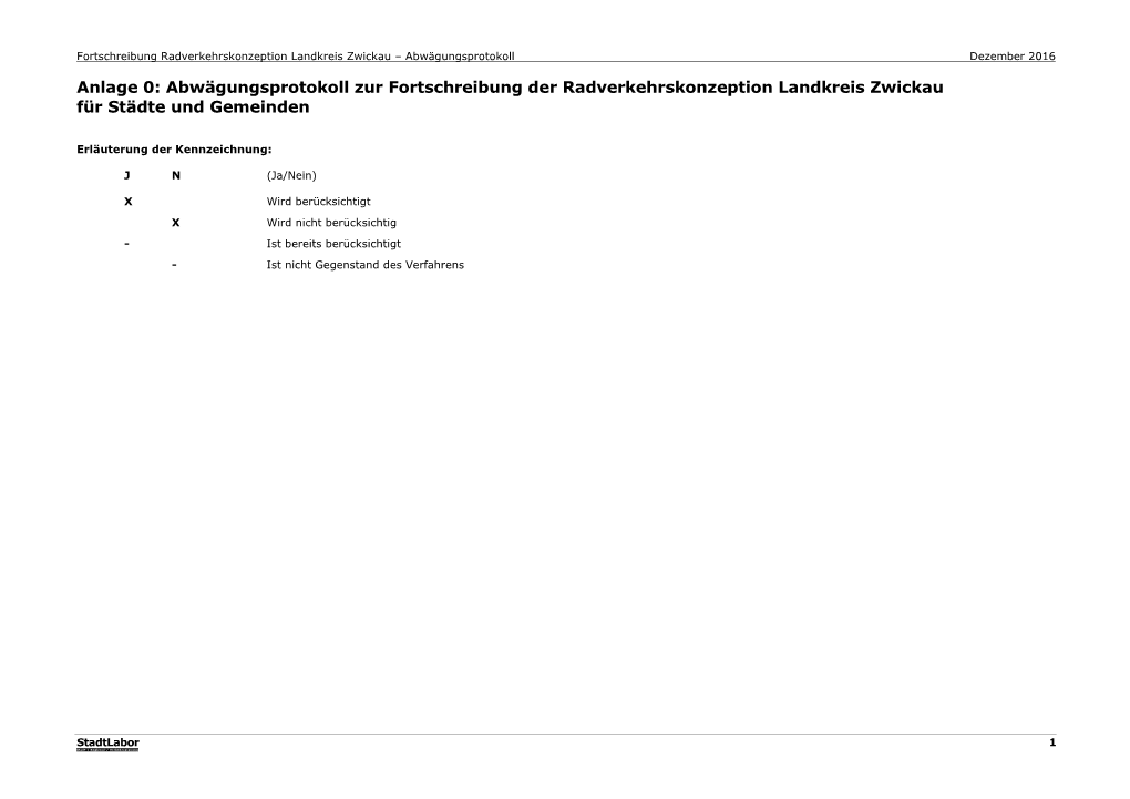 Anlage 0: Abwägungsprotokoll Zur Fortschreibung Der Radverkehrskonzeption Landkreis Zwickau Für Städte Und Gemeinden