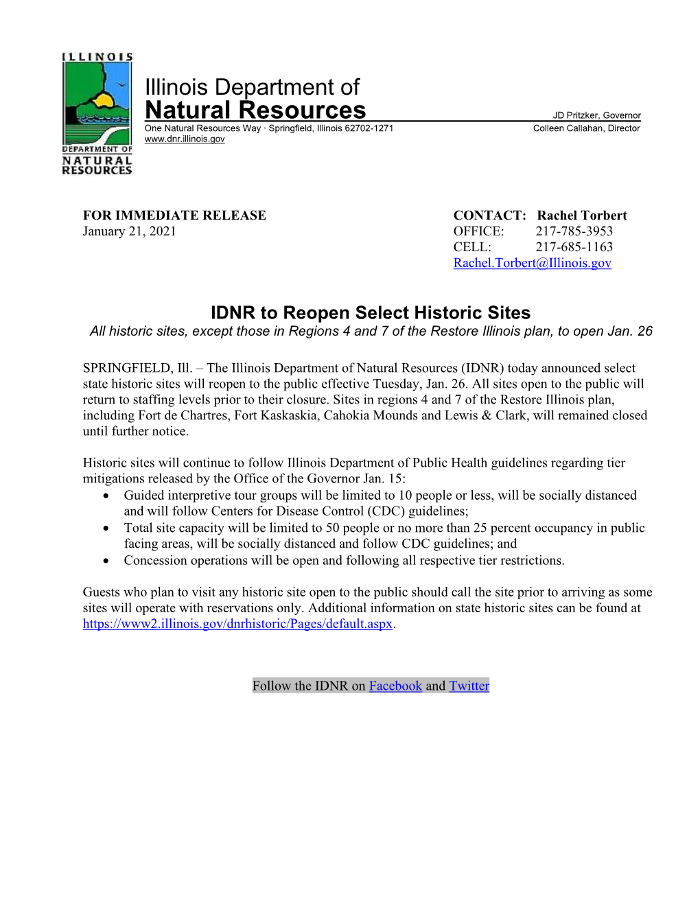 FOR IMMEDIATE RELEASE CONTACT: Rachel Torbert January 21, 2021 OFFICE: 217-785-3953 CELL: 217-685-1163 Rachel.Torbert@Illinois.Gov