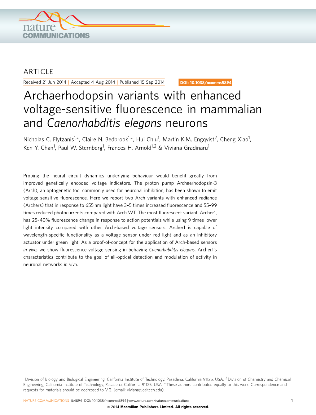 Archaerhodopsin Variants with Enhanced Voltage-Sensitive Fluorescence in Mammalian and Caenorhabditis Elegans Neurons