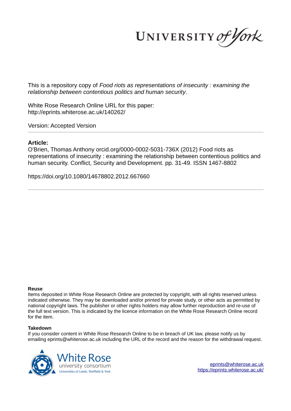 Food Riots As Representations of Insecurity : Examining the Relationship Between Contentious Politics and Human Security