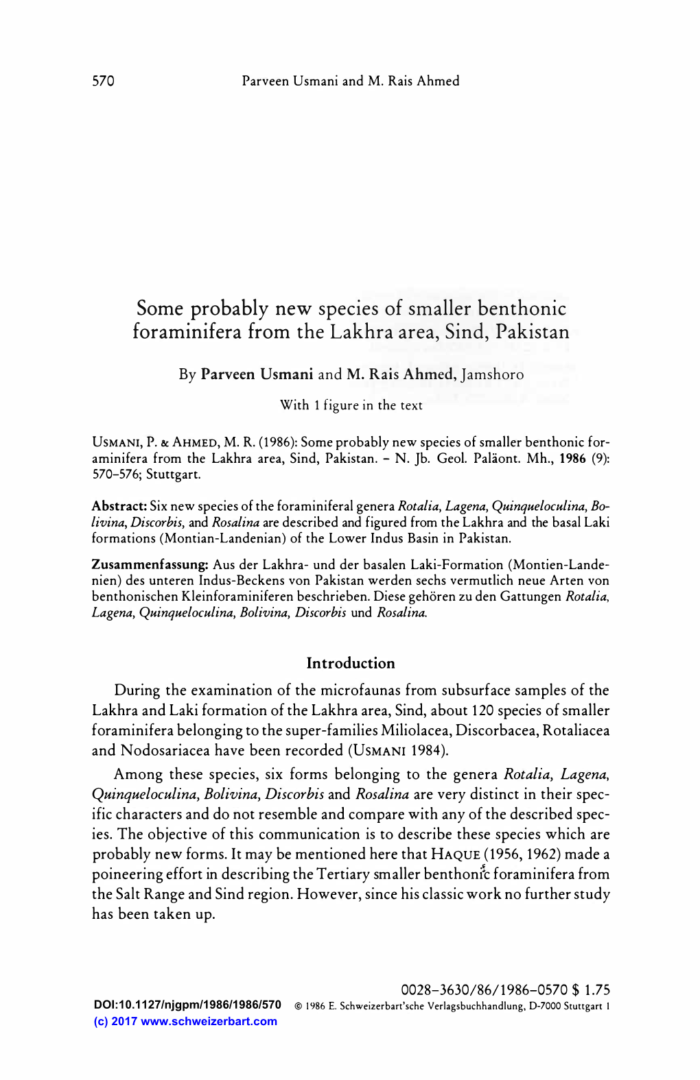 Species of Srnaller Benthonic Forarninifera Frorn the Lakhra Area