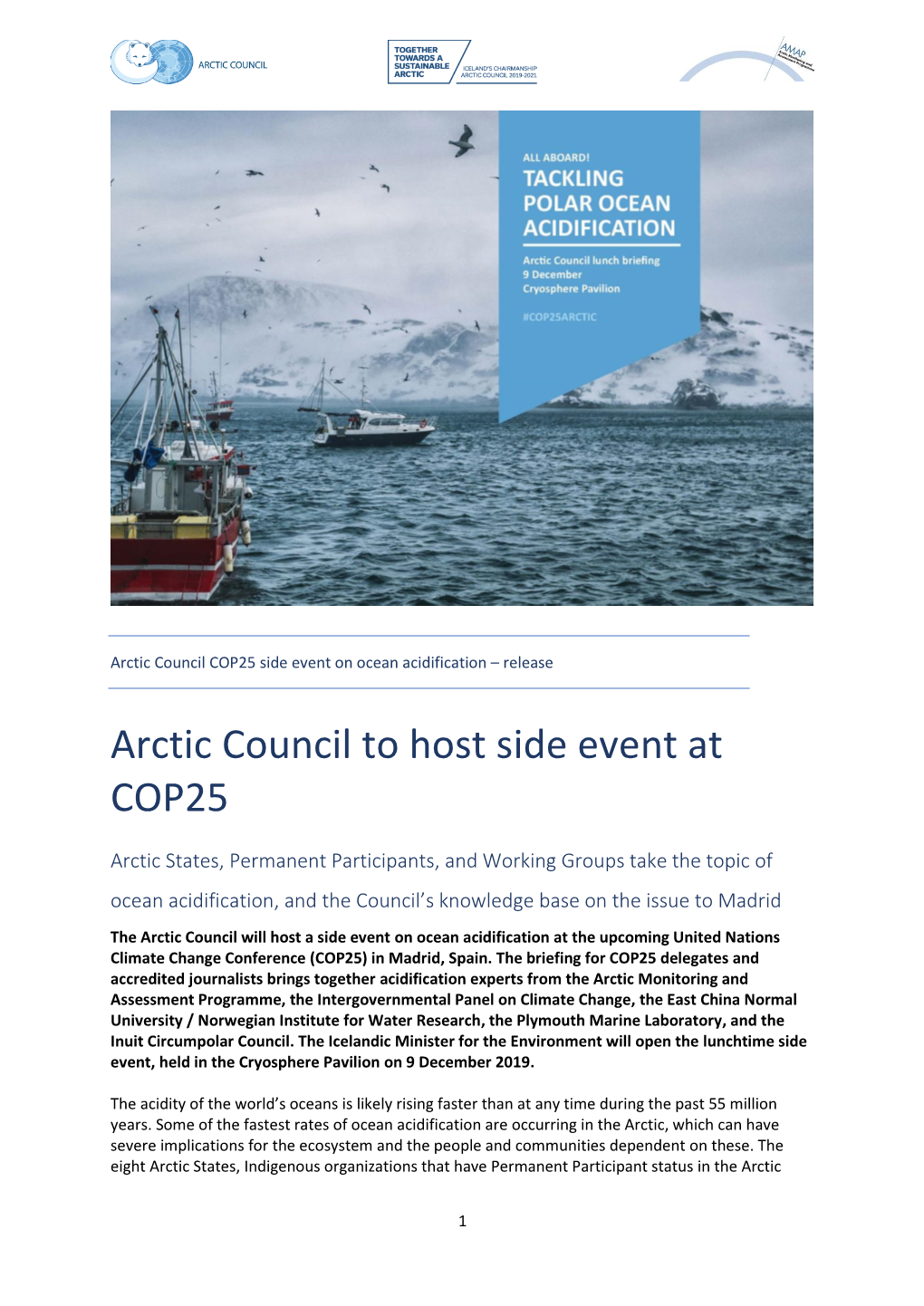 Arctic Council to Host Side Event at COP25